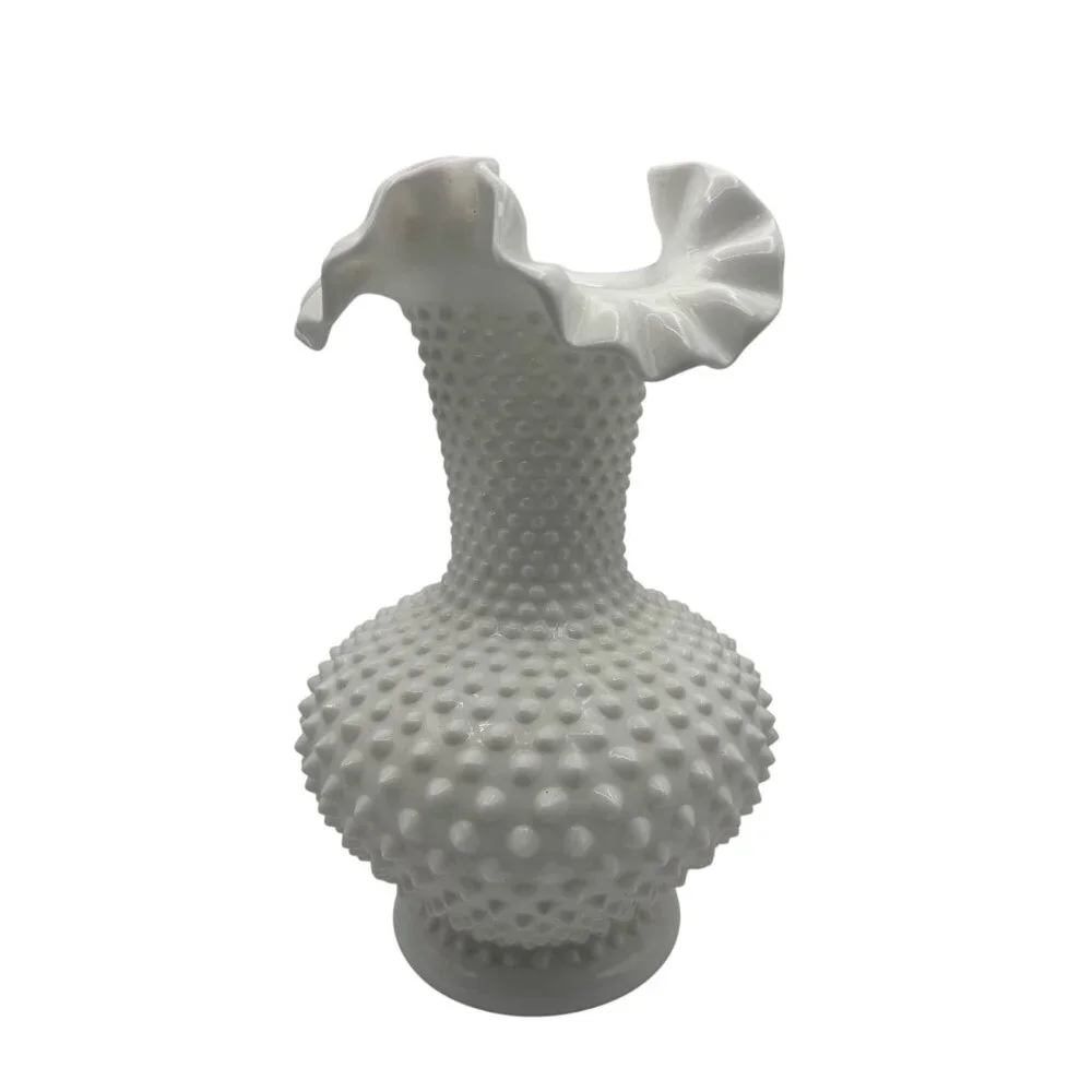 Fenton White Hobnail Milk Glass Vase With Ruffled Rim